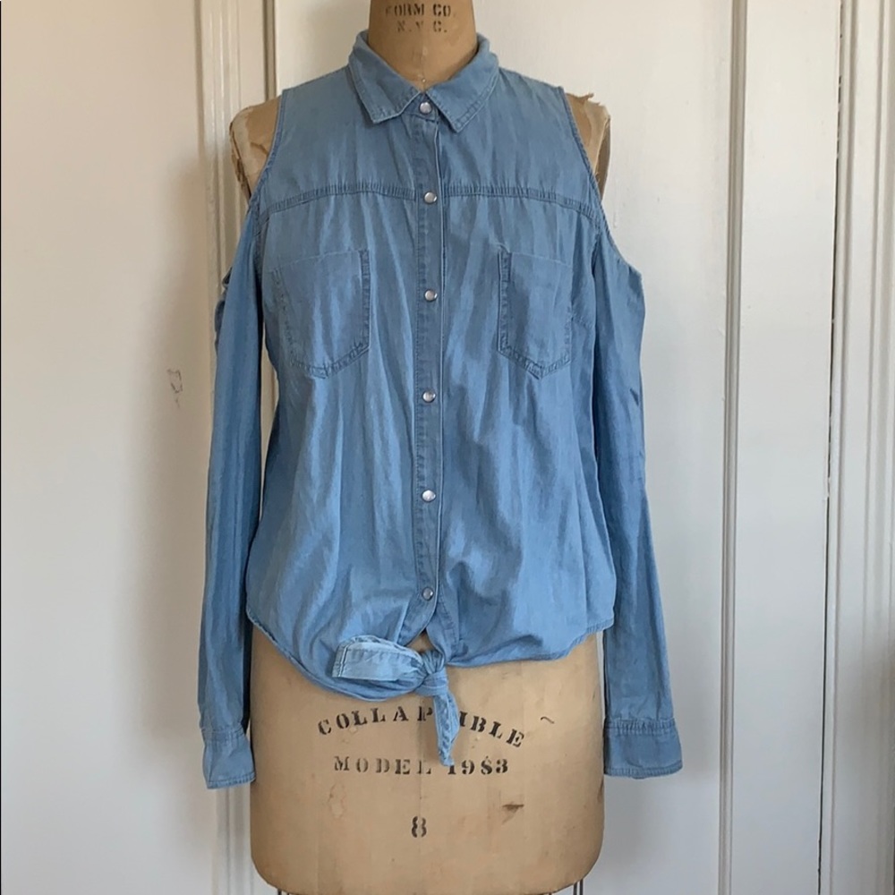 Denim cold-shoulder button down shirt